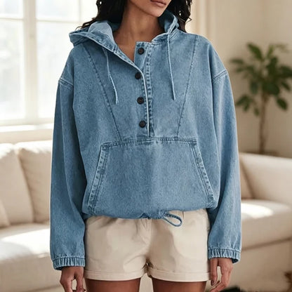 Women's Oversized Denim Button Hoodie