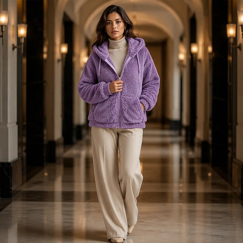 Women's Fluffy Hooded Zip Jacket