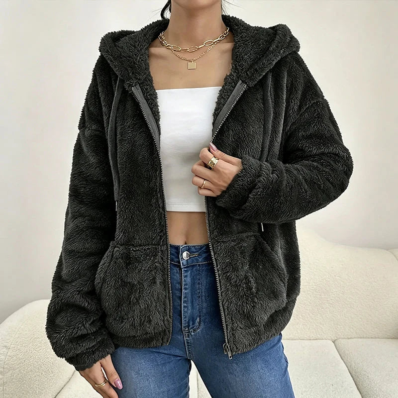 Women's Fluffy Hooded Zip Jacket