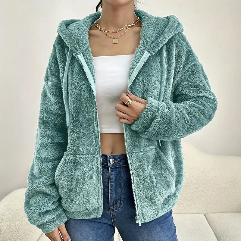 Women's Fluffy Hooded Zip Jacket