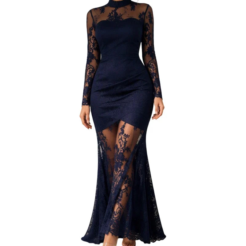 Women's Floral Lace High-Neck Maxi Dress