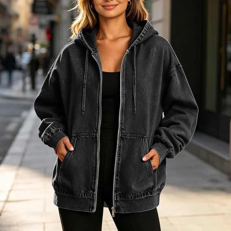 Women's Relaxed Zip-Up Denim Hooded Jacket