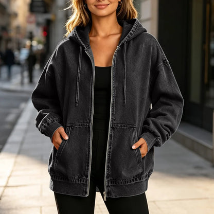 Women's Relaxed Zip-Up Denim Hooded Jacket