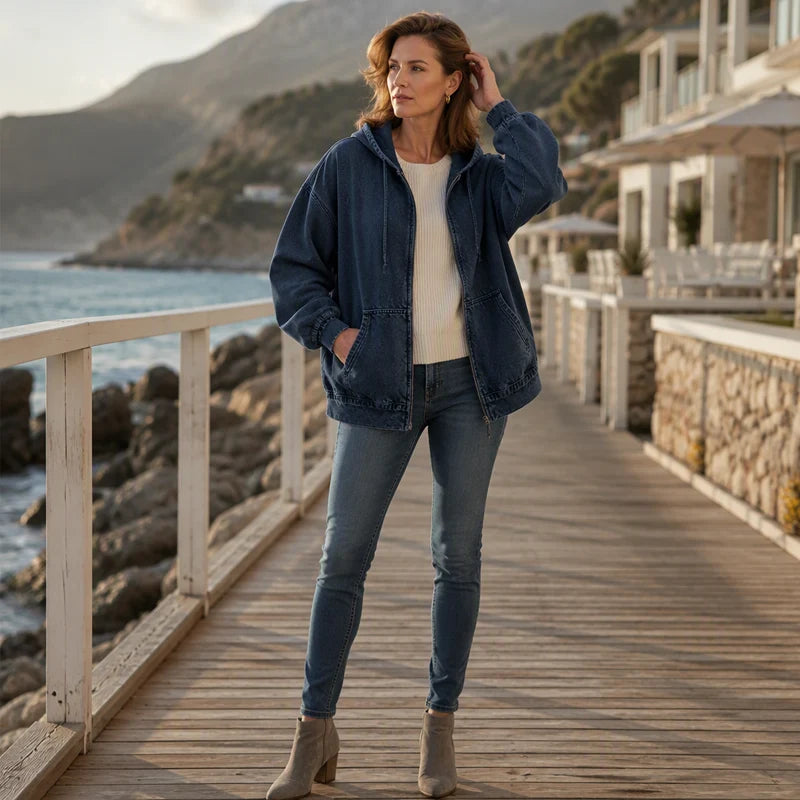Women's Relaxed Zip-Up Denim Hooded Jacket