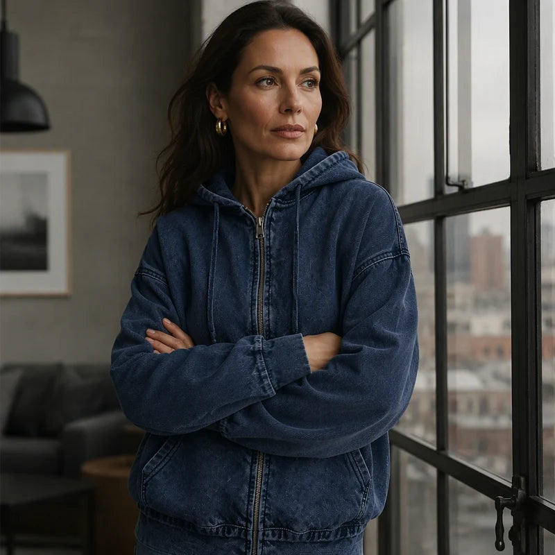 Women's Relaxed Zip-Up Denim Hooded Jacket