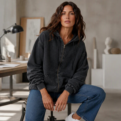 Women's Relaxed Zip-Up Denim Hooded Jacket
