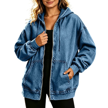 Women's Relaxed Zip-Up Denim Hooded Jacket