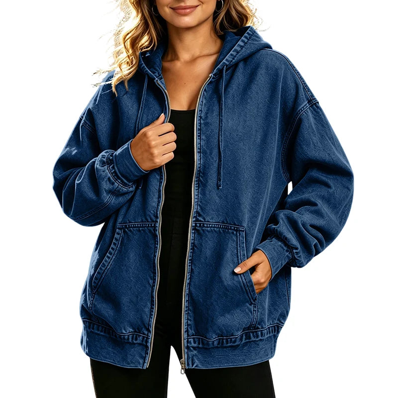 Women's Relaxed Zip-Up Denim Hooded Jacket
