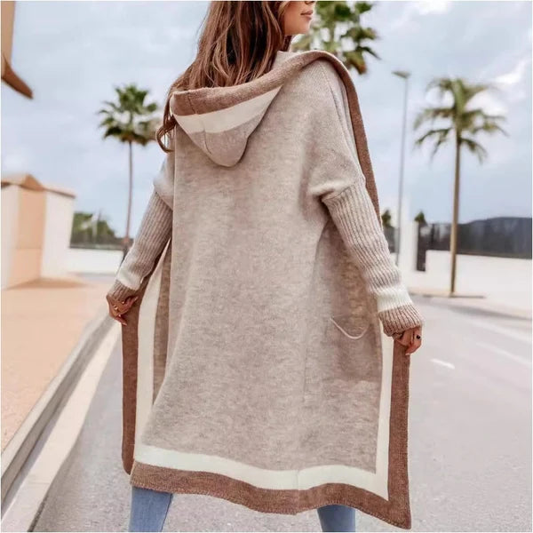 Women's Contrast Hood Long Knit Cardigan