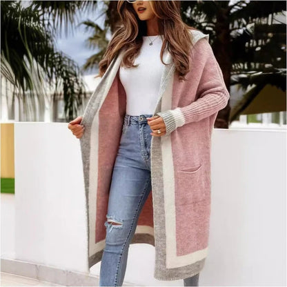 Women's Contrast Hood Long Knit Cardigan