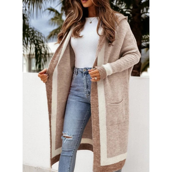 Women's Contrast Hood Long Knit Cardigan