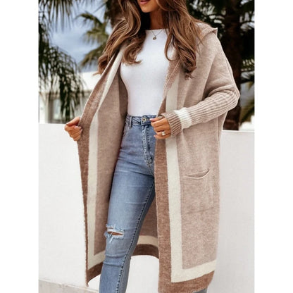 Women's Contrast Hood Long Knit Cardigan