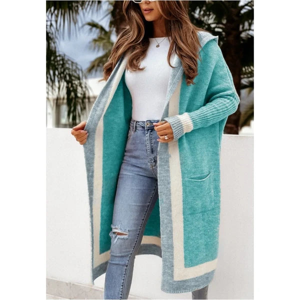 Women's Contrast Hood Long Knit Cardigan