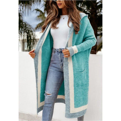Women's Contrast Hood Long Knit Cardigan