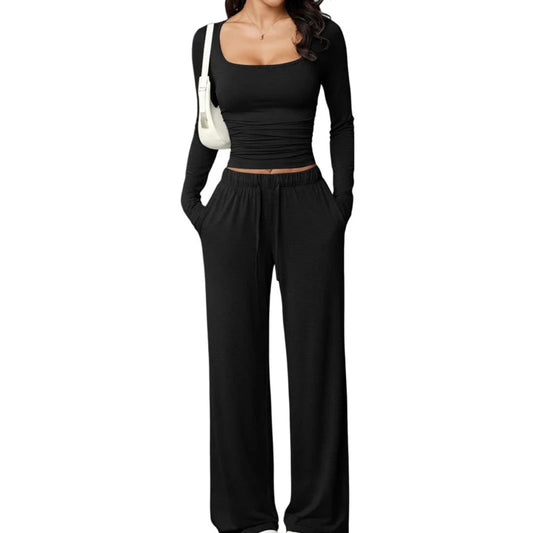 Women's Square Neck Top & Wide-Leg Trouser Set