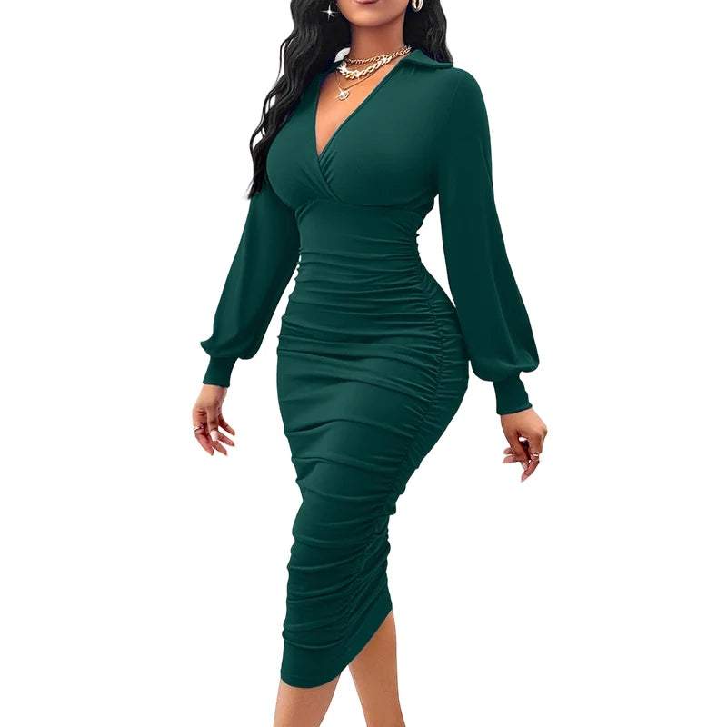 Women's Ruched V-Neck Lantern Sleeve Dress