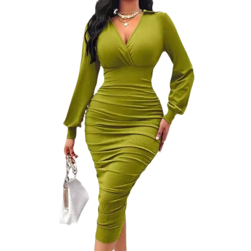 Women's Ruched V-Neck Lantern Sleeve Dress