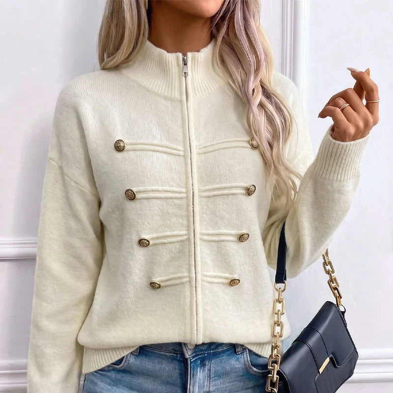 Women's Decorative Button Zip-Up Knit Cardigan