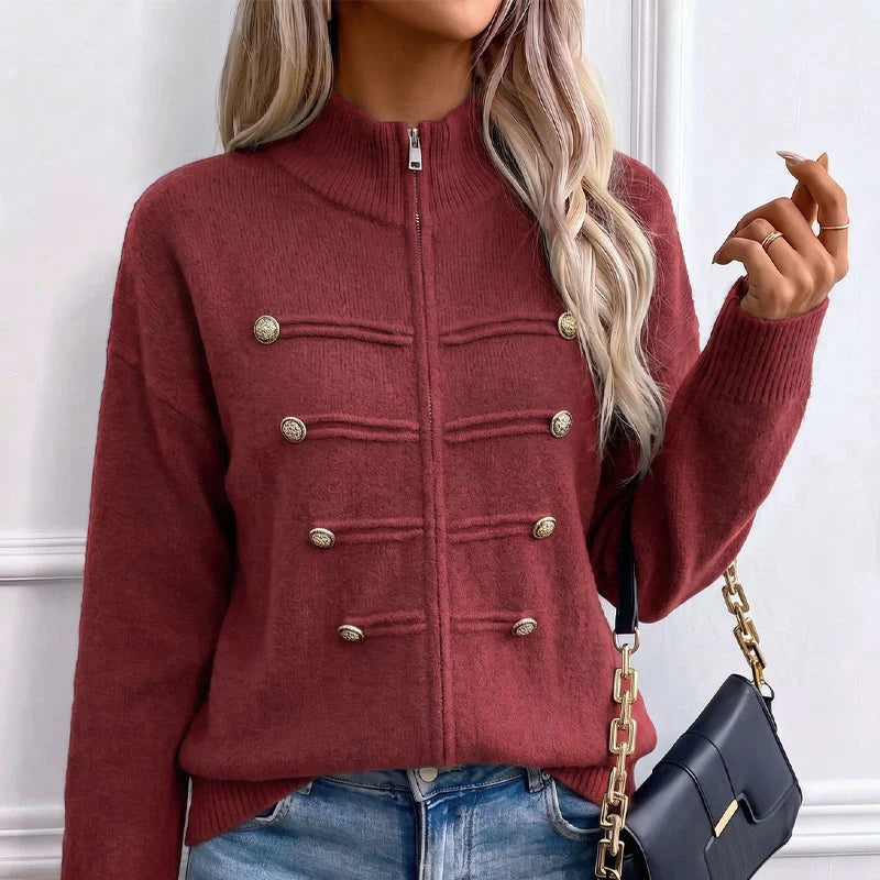 Women's Decorative Button Zip-Up Knit Cardigan