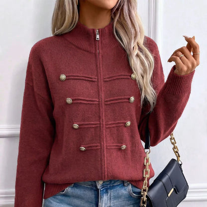 Women's Decorative Button Zip-Up Knit Cardigan