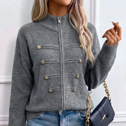 Women's Decorative Button Zip-Up Knit Cardigan