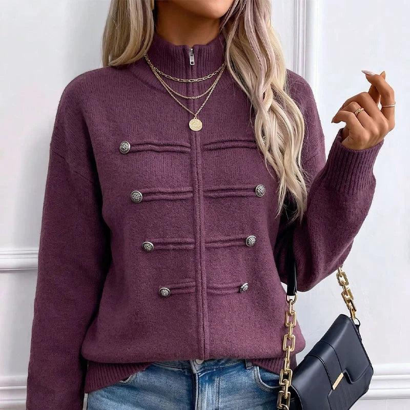 Women's Decorative Button Zip-Up Knit Cardigan