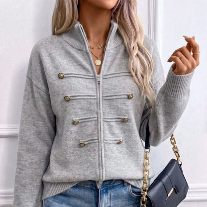 Women's Decorative Button Zip-Up Knit Cardigan