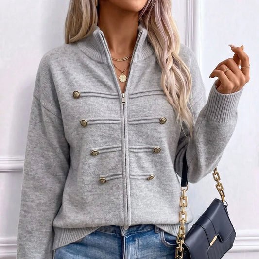 Women's Decorative Button Zip-Up Knit Cardigan