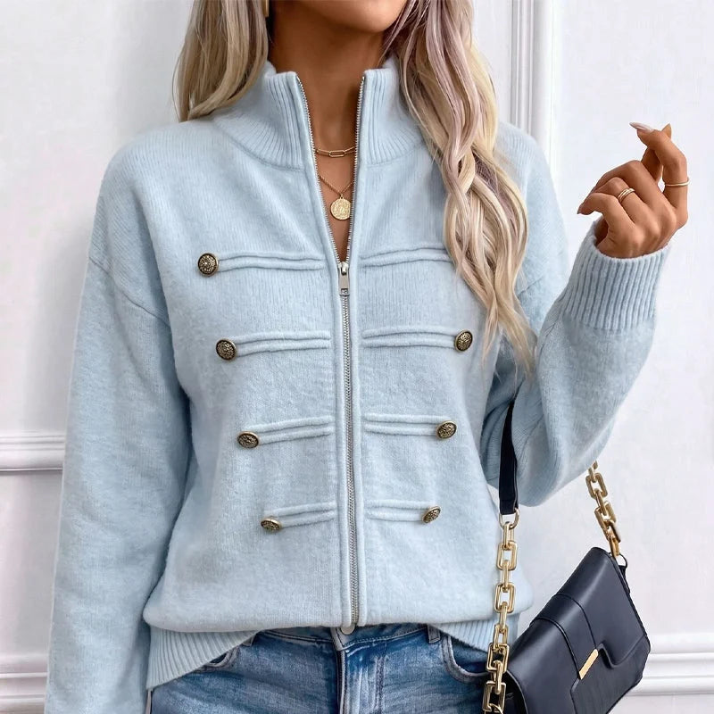 Women's Decorative Button Zip-Up Knit Cardigan