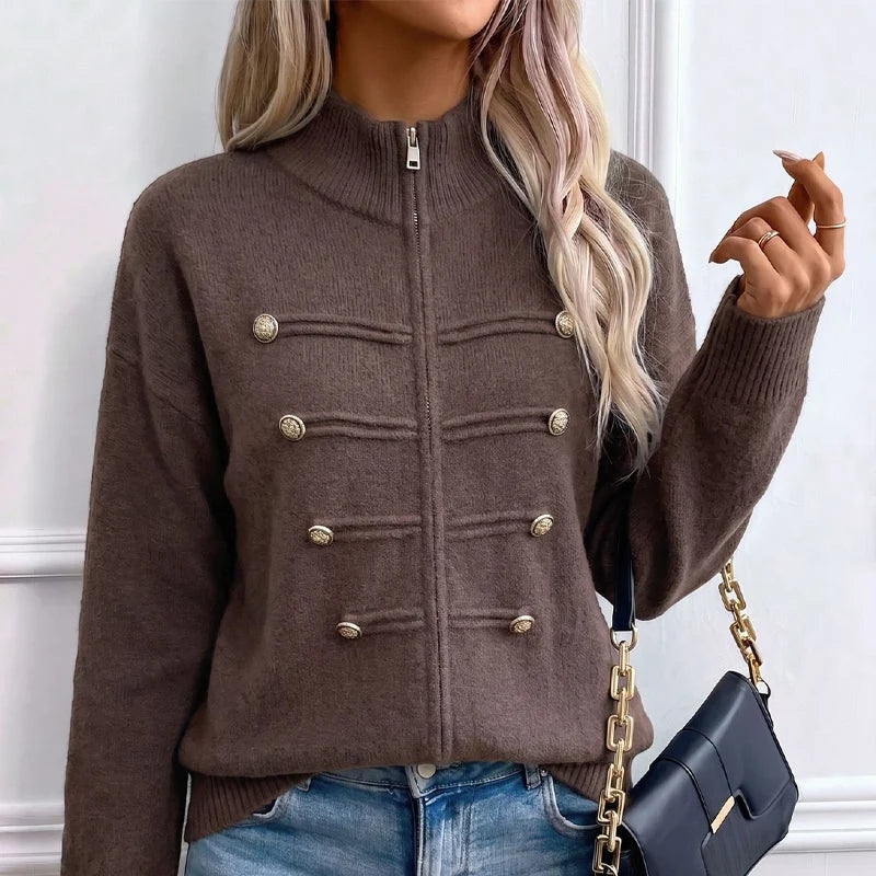 Women's Decorative Button Zip-Up Knit Cardigan