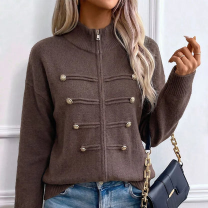 Women's Decorative Button Zip-Up Knit Cardigan