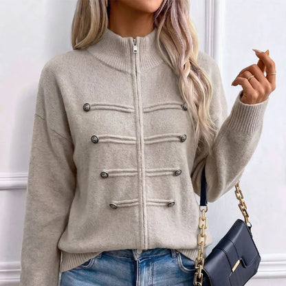 Women's Decorative Button Zip-Up Knit Cardigan