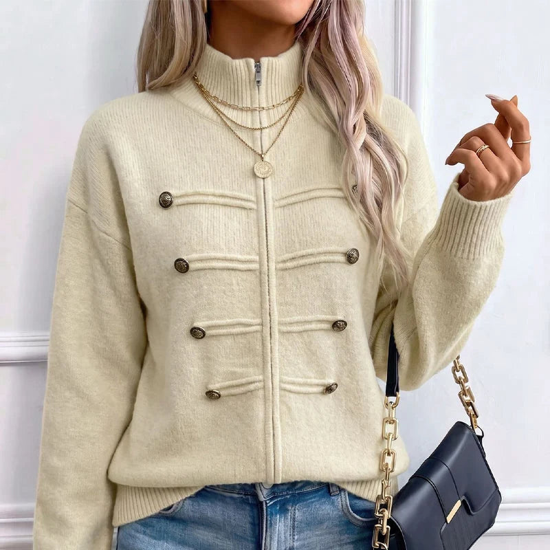 Women's Decorative Button Zip-Up Knit Cardigan