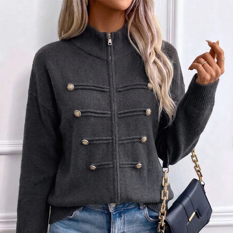 Women's Decorative Button Zip-Up Knit Cardigan