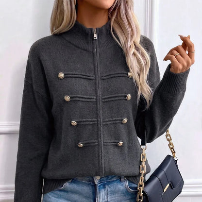 Women's Decorative Button Zip-Up Knit Cardigan