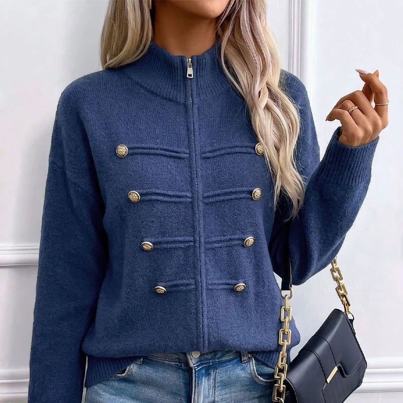 Women's Decorative Button Zip-Up Knit Cardigan