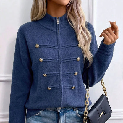 Women's Decorative Button Zip-Up Knit Cardigan