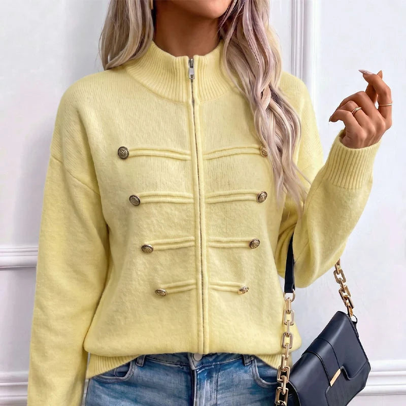 Women's Decorative Button Zip-Up Knit Cardigan