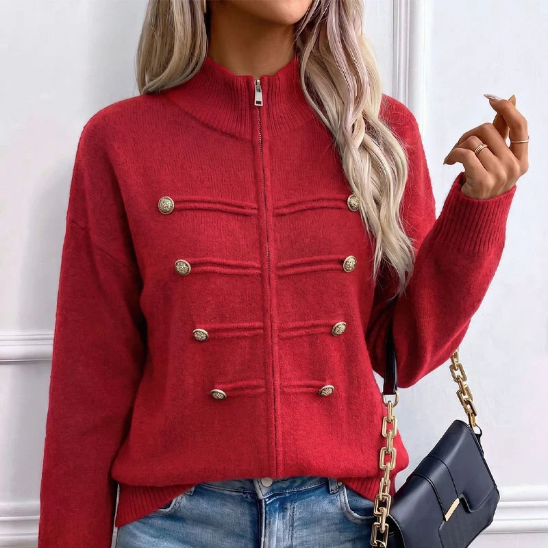 Women's Decorative Button Zip-Up Knit Cardigan
