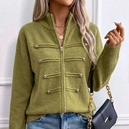 Women's Decorative Button Zip-Up Knit Cardigan