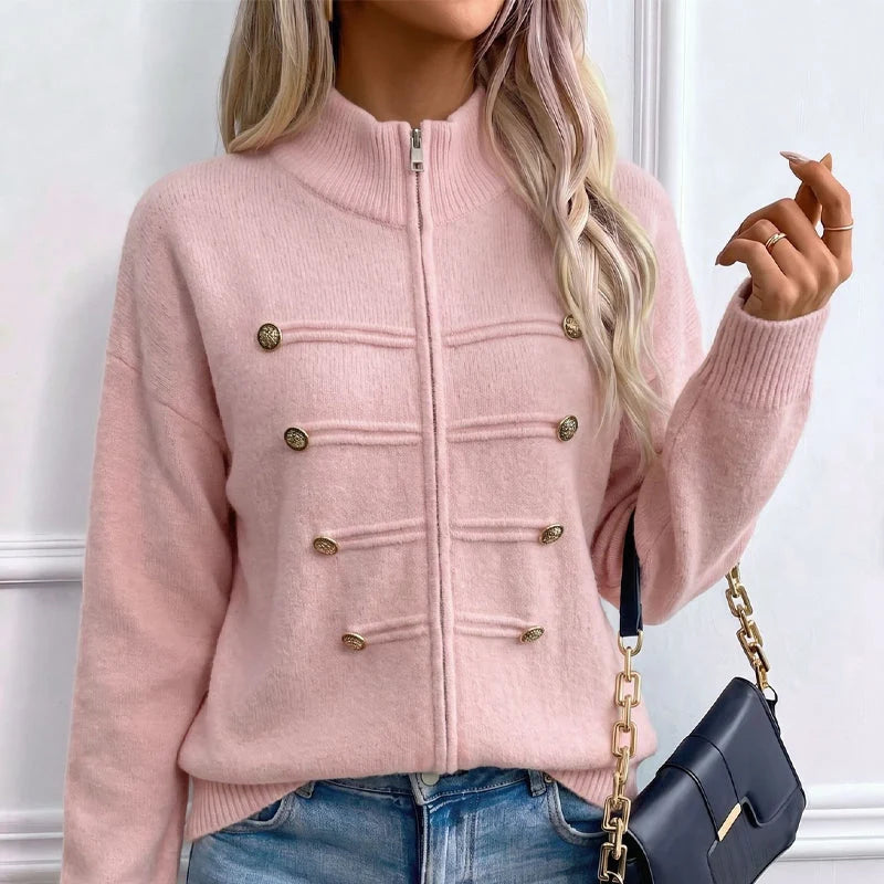 Women's Decorative Button Zip-Up Knit Cardigan