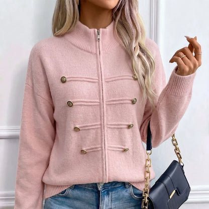 Women's Decorative Button Zip-Up Knit Cardigan