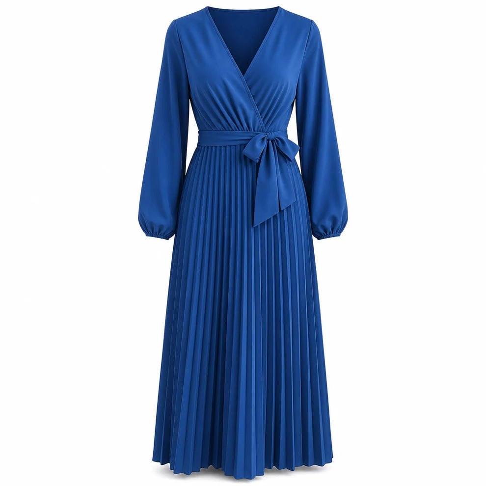 Women's Pleated Wrap V-Neck Maxi Dress