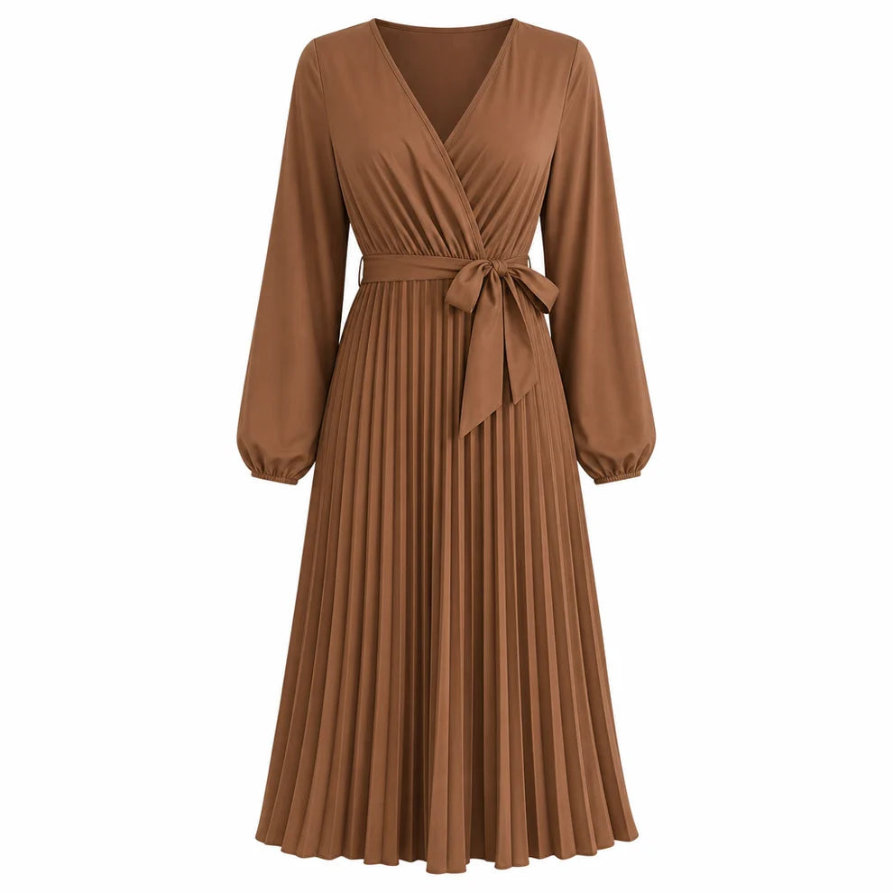 Women's Pleated Wrap V-Neck Maxi Dress