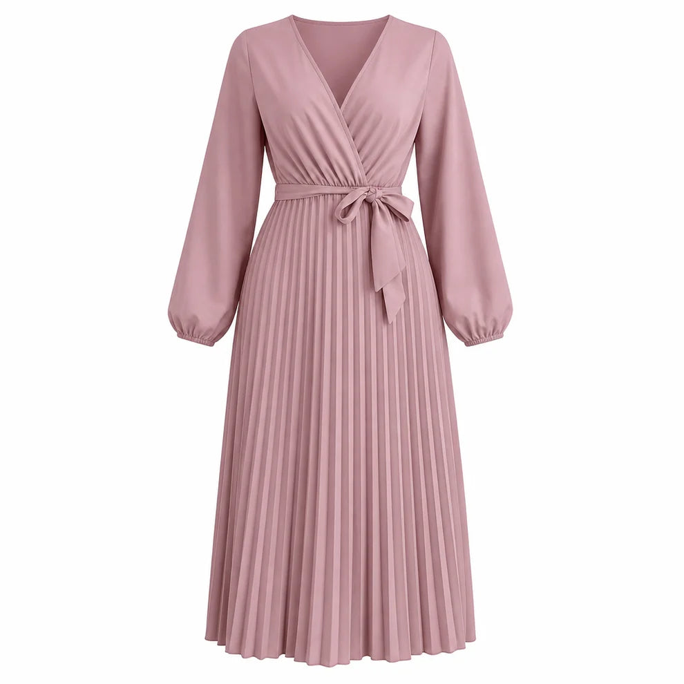 Women's Pleated Wrap V-Neck Maxi Dress