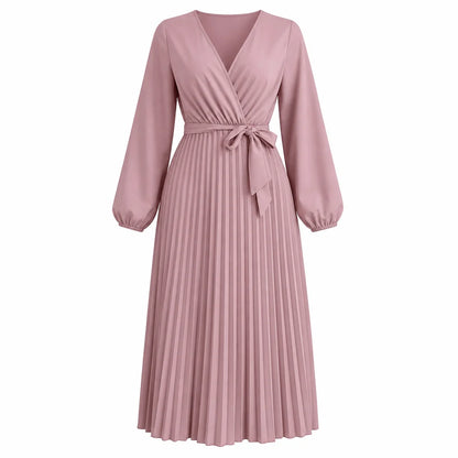 Women's Pleated Wrap V-Neck Maxi Dress