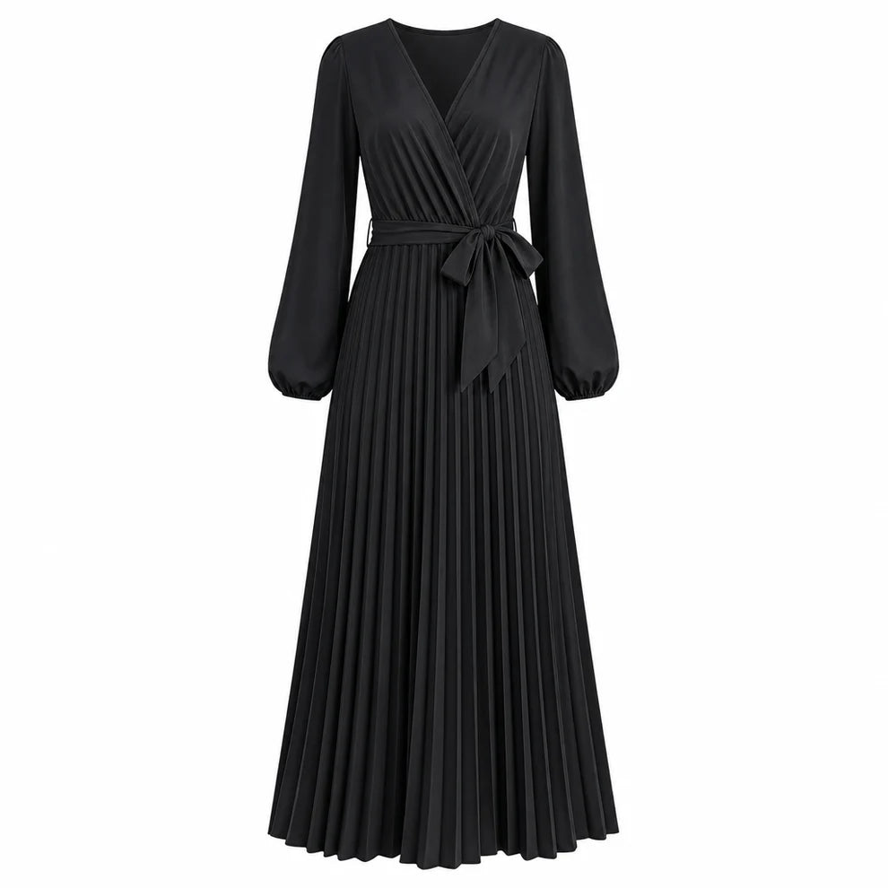 Women's Pleated Wrap V-Neck Maxi Dress