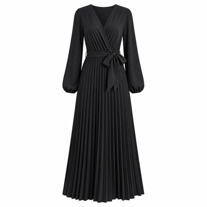 Women's Pleated Wrap V-Neck Maxi Dress