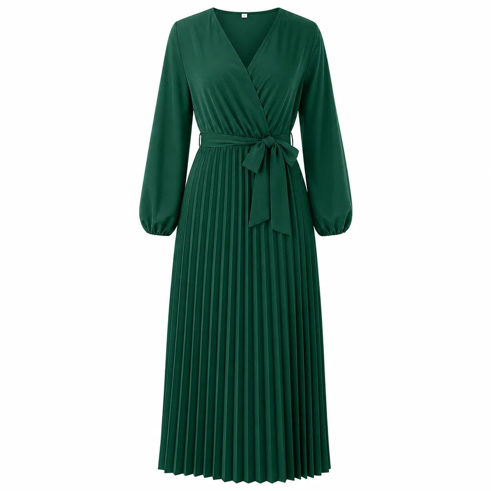Women's Pleated Wrap V-Neck Maxi Dress