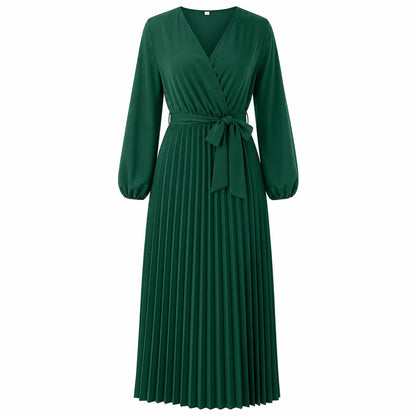Women's Pleated Wrap V-Neck Maxi Dress